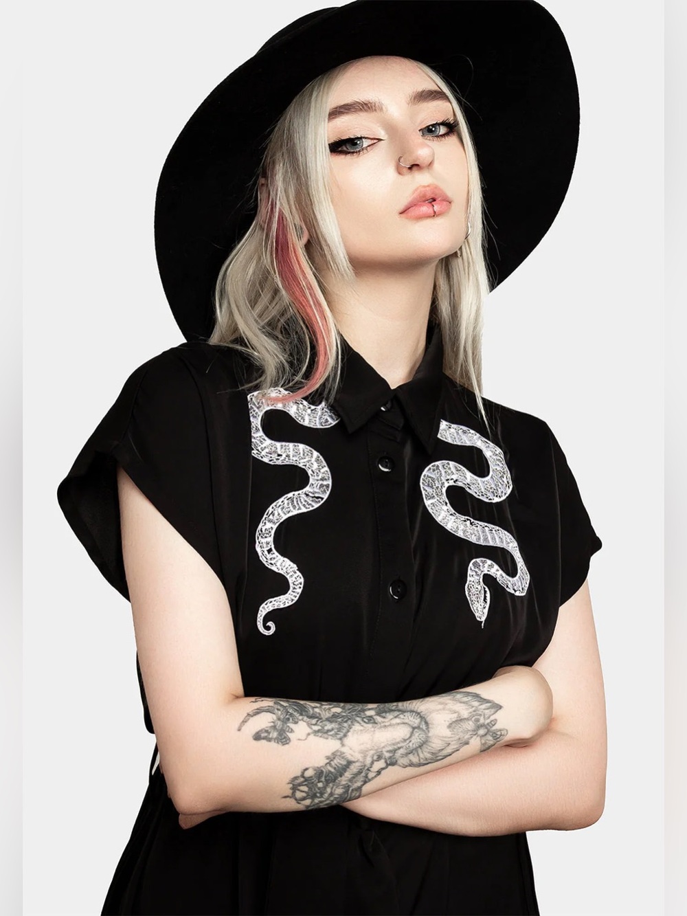 Disturbia Slither Relaxed Midi Shirt Dress with White Snake Embroidery Gothic - Picture 2 of 12